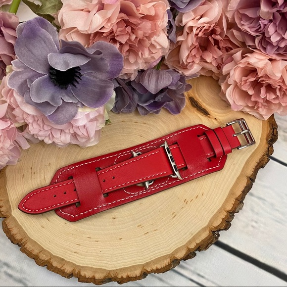 Vegan Leather Red Double Cuff Watchband for Apple - Picture 5 of 13